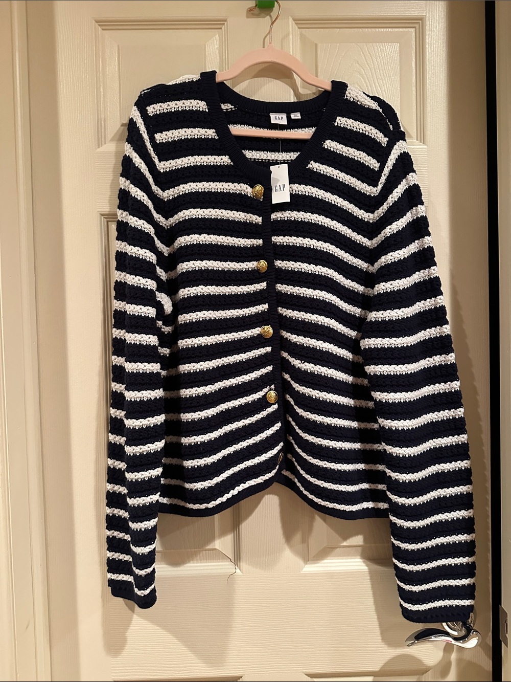 GAP Navy and White Striped Button-Front Cardigan